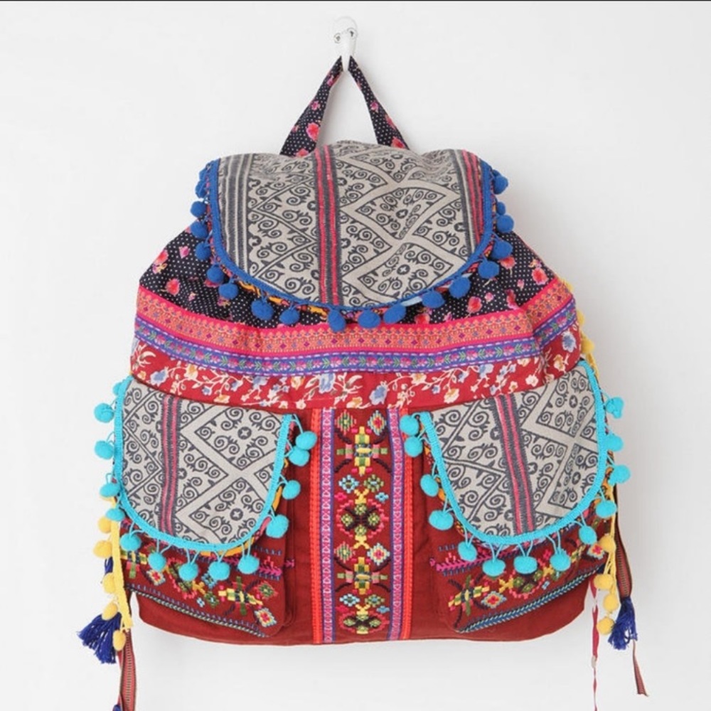 Ecote pompom backpack patchwork boho multicolored